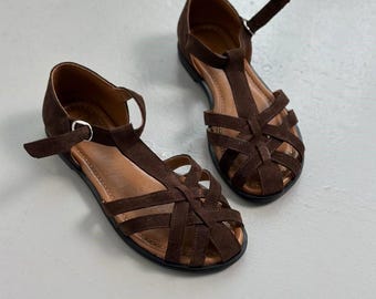Sandalias de pescador descalzas para mujer, zapatos de verano de cuero con caída cero, bailarinas de gamuza con puntera ancha, sandalias minimalistas con tira en T, zapatos de suela flexible