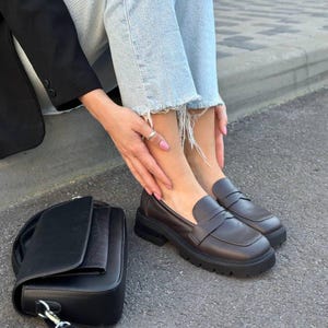 Women's Leather Loafers with Wide Toe Box, Square Toe Minimalist Slip Ons, Stylish Chunky Sole Flats, Comfortable Everyday Footwear Handmade image 2