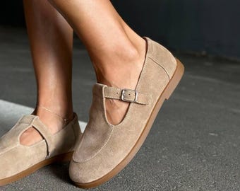 Women's Suede T-Strap Mary Jane Flats, Comfortable Anatomical Soft Sole Shoes, Wide Toe Box, Barefoot Footwear for Daily Wear, Casual Shoes