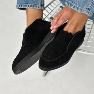 Suede Slip On Boots, Natural Sheepskin Fur Lined, Warm Winter Ankle Shoes, Minimalist High Top Loafers, Moccasin Boots, Quiet Luxury Style Suede Black