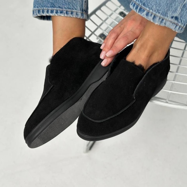 Suede Slip On Boots, Natural Sheepskin Fur Lined, Warm Winter Ankle Shoes, Minimalist High Top Loafers, Moccasin Boots, Quiet Luxury Style Suede Black