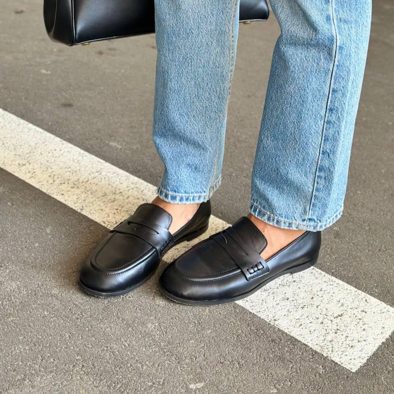 Women’s Classic Black Leather Loafers, Slip-On Dress Shoes, Comfortable Everyday Flats, Stylish Office and Casual Footwear, Fall Shoes image 2