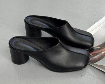 Square Toe Block Heel Clogs, Leather Mules, Minimalist Black