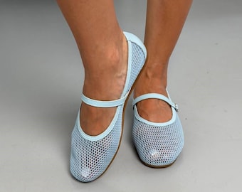 Mary Jane-flats van mesh voor brede voeten, balletschoenen met ronde neus en verstelbaar bandje, ademend lichtgewicht comfortabel zomerschoenen