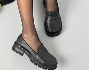 Mocasines gruesos para mujer, planos de cuero con puntera ancha, cómodos y sin cordones, elegantes, para oficina y uso diario, calzado informal de otoño.