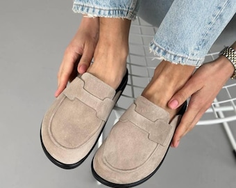 Anatomical Suede Clogs for Women, Wide Toe Penny Loafers, Backless Minimalist Slip Ons, Comfortable Orthopedic Insole Shoes, Handmade Shoes