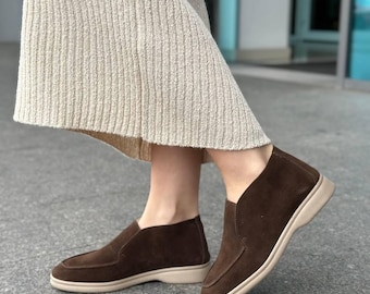 Natural Suede Ankle Boots for Women, High Top Moccasins, Leather Lined Slip On Loafers, Comfortable Casual Flat Walking Shoes