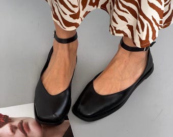 Women's Square Toe Mary Jane Flats, Leather Ankle Strap Ballet Shoes, Comfortable Everyday Footwear