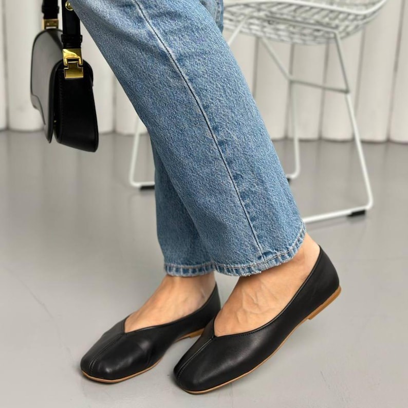 Sapatilhas de couro com bico quadrado, sapatilhas femininas sem fecho, sapatilhas minimalistas confortáveis, calçado elegante para o dia a dia. Leather Black
