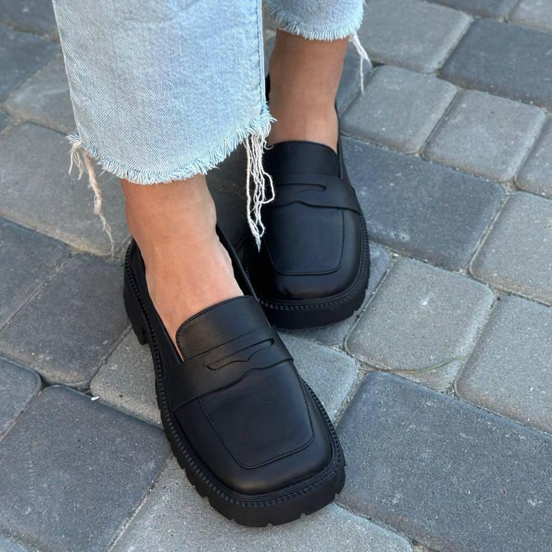 Square Toe Penny Loafers for Women, Genuine Leather Slip-on Flats