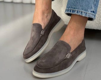 Suede Loafers for Women, Wide Feet Comfortable Slip On Shoes, Natural Suede Moccasins, Casual Driving Shoes, Soft Everyday Walking Flats