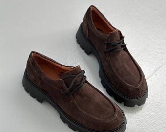 Natural Suede Derby Shoes, Women's Chunky Lug Sole Moccasins, Brown Lace-Up Ankle Shoes, Minimalist Comfortable Flats, Handmade Footwear