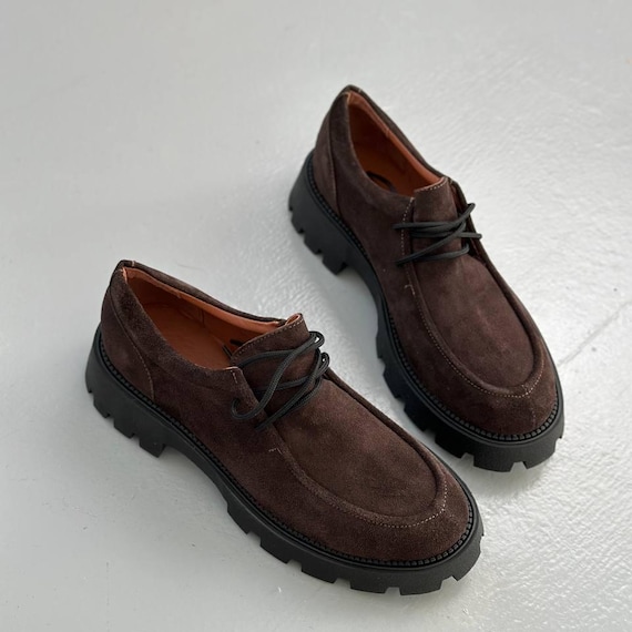 Natural Suede Derby Shoes, Women's Chunky Lug Sole Moccasins, Brown Lace-Up Ankle Shoes, Minimalist Comfortable Flats, Handmade Footwear