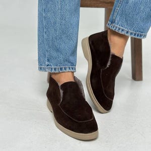 Suede Slip On Boots, Natural Sheepskin Fur Lined, Warm Winter Ankle Shoes, Minimalist High Top Loafers, Moccasin Boots, Quiet Luxury Style Suede Dark Brown