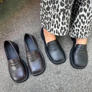 Women's Leather Loafers with Wide Toe Box, Square Toe Minimalist Slip Ons, Stylish Chunky Sole Flats, Comfortable Everyday Footwear Handmade image 11