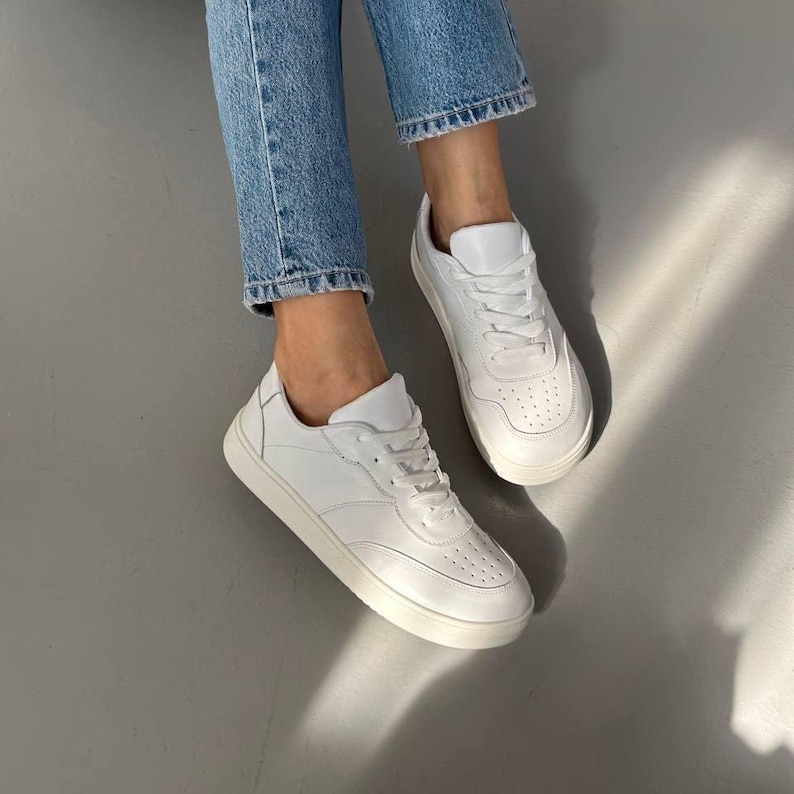 Anatomical White Leather Sneakers with Wide Toe Box, Comfortable Lace-Up Shoes for Walking, Casual, Everyday Wear, Gift for Her image 14