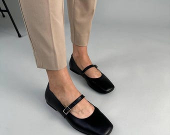 Leather Mary Jane Ballet Flats, Square Toe Zero Drop Shoes, Minimalist Ankle Strap Flats, Comfortable Natural Leather Barefoot Style Shoes