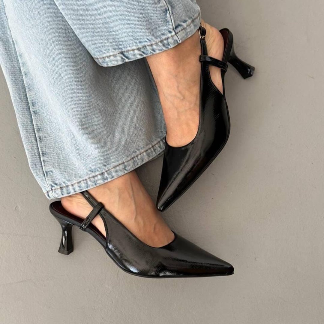 Escarpins slingback bout pointu en cuir glacé marron femme | Reem Ice Milk