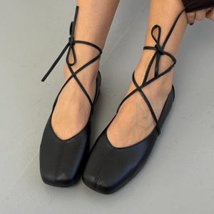 Natural Leather Ballet Flats, Women's Square Toe Ballerina Shoes, Minimalist Lace Up Soft Flats, Comfortable Daily Footwear, Handmade Shoes Leather Black