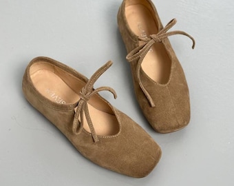 Suede Ballet Flats with Ties, Women’s Lace-Up Flats, Comfortable Ballerinas, Lightweight Ballet Shoes, Stylish Casual Footwear, Gift for Her