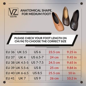 Op de afbeelding: Afbeelding van drie paar leren schoenen in tan, bruin en zwart. Tekst luidt "ANATOMICAL SHAPE, FOR MEDIUM FOOT" en "PLEASE CHECK YOUR FOOT LENGTH (IN CM/IN) TO CHOOSE THE CORRECT SIZE." Een maattabel toont EU, UK en US maten met cm en inch metingen.