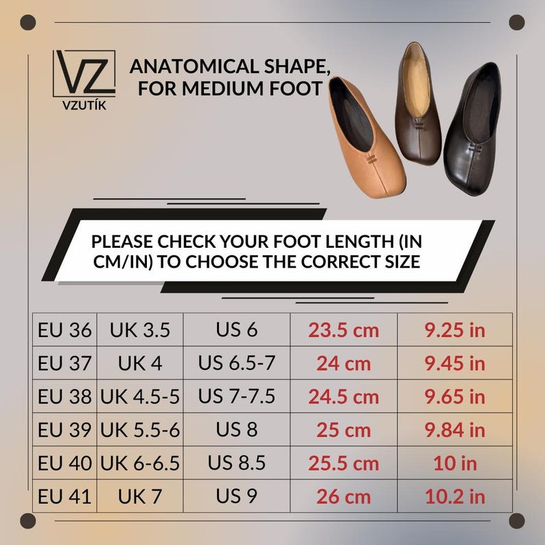 Op de afbeelding: Afbeelding van drie paar leren schoenen in tan, bruin en zwart. Tekst luidt "ANATOMICAL SHAPE, FOR MEDIUM FOOT" en "PLEASE CHECK YOUR FOOT LENGTH (IN CM/IN) TO CHOOSE THE CORRECT SIZE." Een maattabel toont EU, UK en US maten met cm en inch metingen.