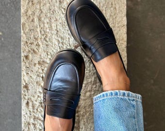 Leather Penny Loafers for Women, Narrow Medium Feet Slip On Shoes, Low Instep Moccasins, Natural Leather Office Shoes, Casual Walking Flats
