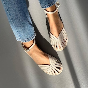 Delicate Milk Leather Sandals with Ankle Strap, Round Toe Flats, Flat Sole Shoes, Soft Comfortable Shoes, Wedding Bridal Sandals