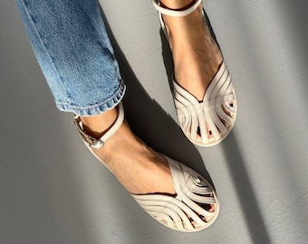 Delicate Milk Leather Sandals with Ankle Strap, Round Toe Flats, Flat Sole Shoes, Soft Comfortable Shoes, Wedding Bridal Sandals