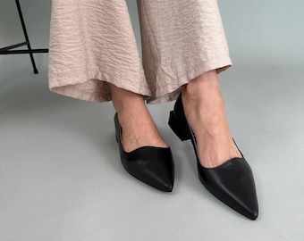 Pointed Toe Leather Flats for Women, Office Ballet Flats with Small Square Heel, Comfortable Work Shoes, Chic Everyday Flats for Women