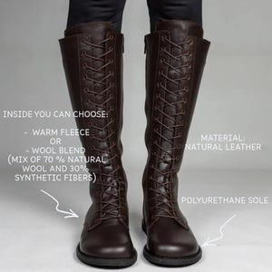 May include: A pair of dark brown knee-high lace-up boots featuring natural leather construction, a polyurethane sole, and a choice of warm fleece or a wool blend lining consisting of 70% natural wool and 30% synthetic fibers.