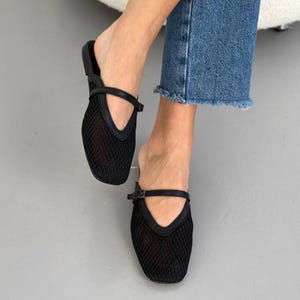 Leather Mesh Mules for Women, Open Back Flats, Summer Shoes, Barefoot Sandals, Comfortable Casual Mules, Stylish Shoes for Her