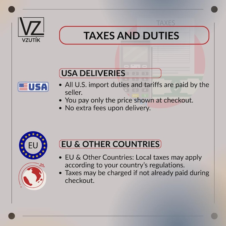 The image is a collection of text and logos related to international shipping and customs regulations. It includes information about taxes and duties for USA deliveries and EU & other countries, as well as details about EU and other countries' customs regulations.