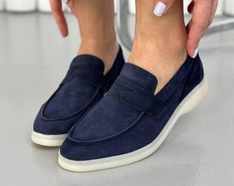 Mocasines de ante natural, planos para mujer con suela suave y flexible, minimalistas, sin cordones, cómodos, de corte ajustado a medio, para uso diario, hechos a mano.