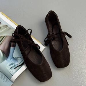 Natural Leather Ballet Flats, Women's Square Toe Ballerina Shoes, Minimalist Lace Up Soft Flats, Comfortable Daily Footwear, Handmade Shoes image 19