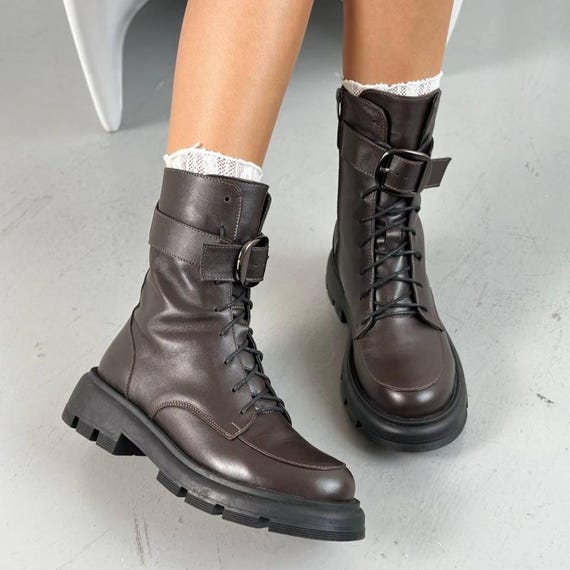 Chocolate Leather Lace-up Boots With Chunky Sole and  display picture 3