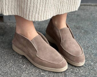 Suede Slip On Ankle Shoes for Women, High Top Moccasins, Natural Suede Casual Walking Flats, Comfortable Everyday Shoes, Size 35-41