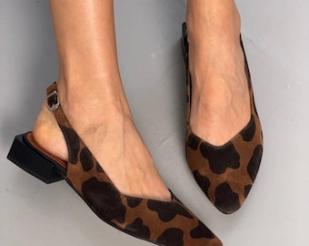Leopard Suede Slingbacks, Pointed Toe Low Heels, Genuine Leather Lined Pumps, Block Heel Animal Print Shoes, Comfortable Kitten Heels