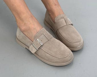 Anatomical Barefoot Loafers, Women's Wide Toe Box Natural Suede Flats, Soft Flexible Sole Slip-Ons, Minimalist Comfortable Handmade Shoes