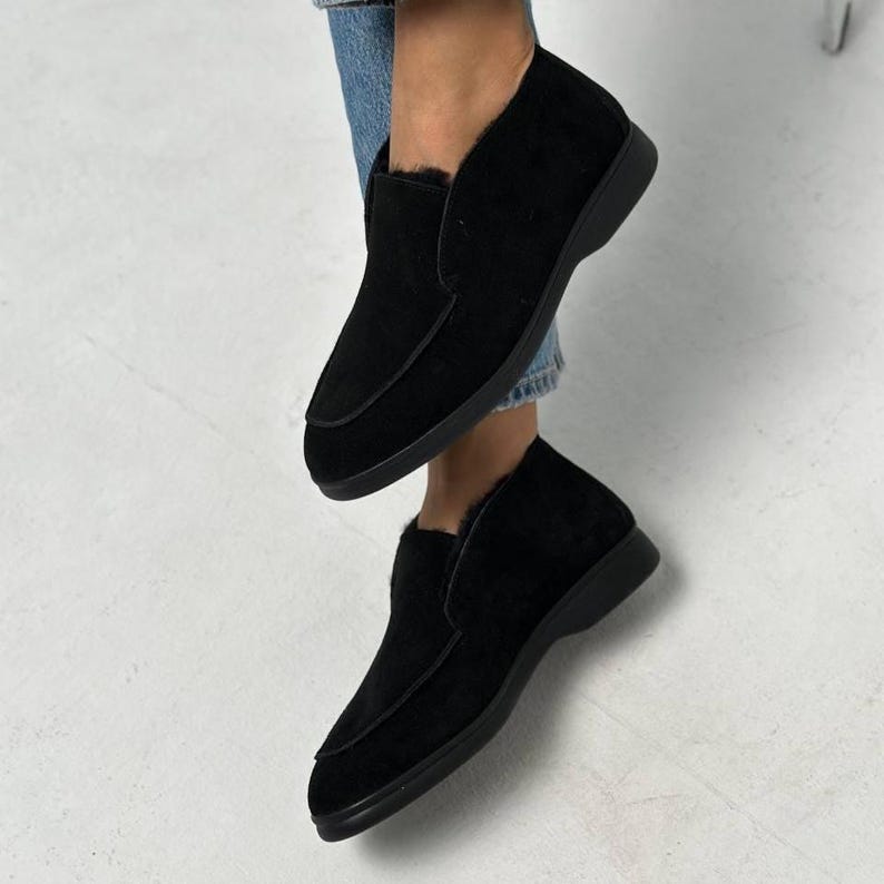 Suede Slip On Boots, Natural Sheepskin Fur Lined, Warm Winter Ankle Shoes, Minimalist High Top Loafers, Moccasin Boots, Quiet Luxury Style image 10