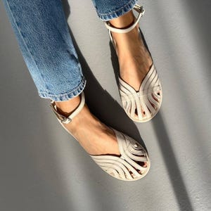 Delicate Milk Leather Sandals with Ankle Strap, Round Toe Flats, Flat Sole Shoes, Soft Comfortable Shoes, Wedding Bridal Sandals
