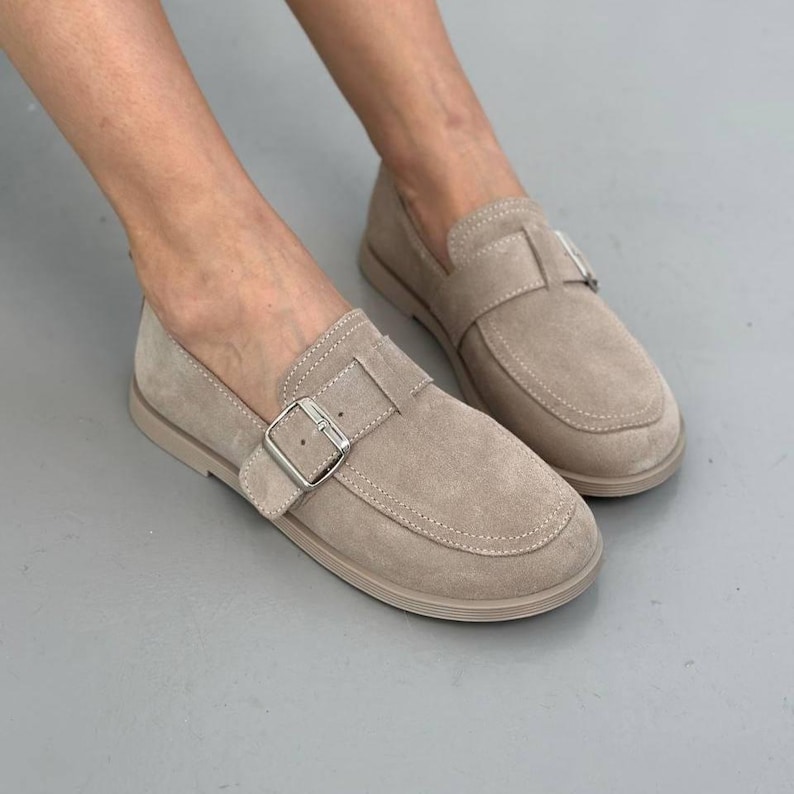 Women's Suede Loafers, Wide Toe Anatomical Slip-On Flats, Comfortable Soft Flexible Casual Moccasins, Handmade Shoes Beige
