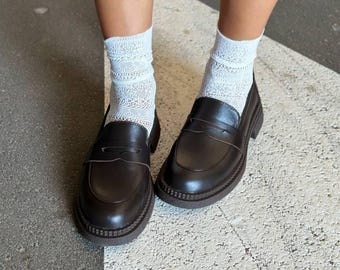 Women's Leather Penny Loafers, Chunky Lug Sole Slip Ons, Classic Minimalist Flats, Comfortable Office Shoes, Handmade Genuine Leather Shoes