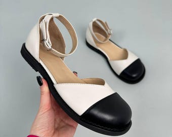 Mary-Jane-Sandalen aus Leder, flache Sandalen mit Knöchelriemen und geschlossener Zehenpartie, weiches Echtleder, bequeme Alltagsschuhe für Damen