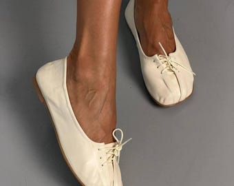 Lace Up Leather Ballet Flats, Soft Glove Shoes for Women, Square Toe Ballerinas, Flexible Barefoot Style Pumps, Everyday Walking Shoes