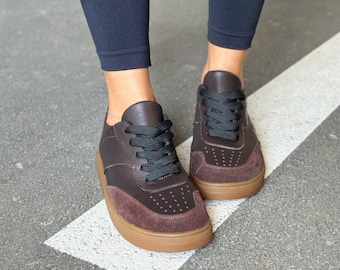 Anatomic Leather Lace-Up Sneakers with Suede Accent for Women, Wide Fit Shoes, Chocolate Brown Comfortable Casual Flats, Everyday Trainers