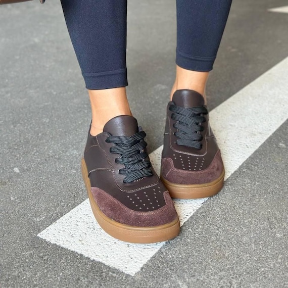 Anatomic Leather Lace-Up Sneakers with Suede Accent for Women, Wide Fit Shoes, Chocolate Brown Comfortable Casual Flats, Everyday Trainers