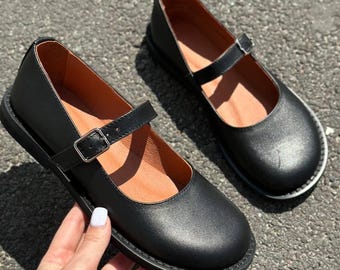 Wide Fit Black Leather Mary Jane Flats, Round Toe Anatomical