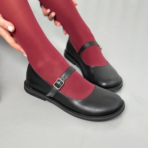 Round Toe Mary Jane Flats, Black Leather Ballet Shoes, Wide Toe Box Flats, Comfortable Barefoot Footwear, Flat Sole Everyday Shoes