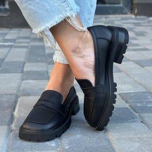 Women's Leather Loafers with Wide Toe Box, Square Toe Minimalist Slip Ons, Stylish Chunky Sole Flats, Comfortable Everyday Footwear Handmade Black